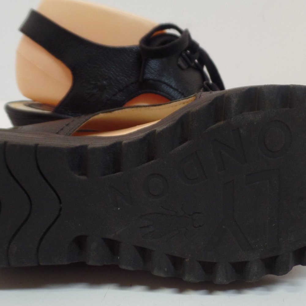 FLY London Black Leather Wedge Lace Up Sandals Shoes "Ylfa" Size 41 or US 10.5 - Picture 7 of 12